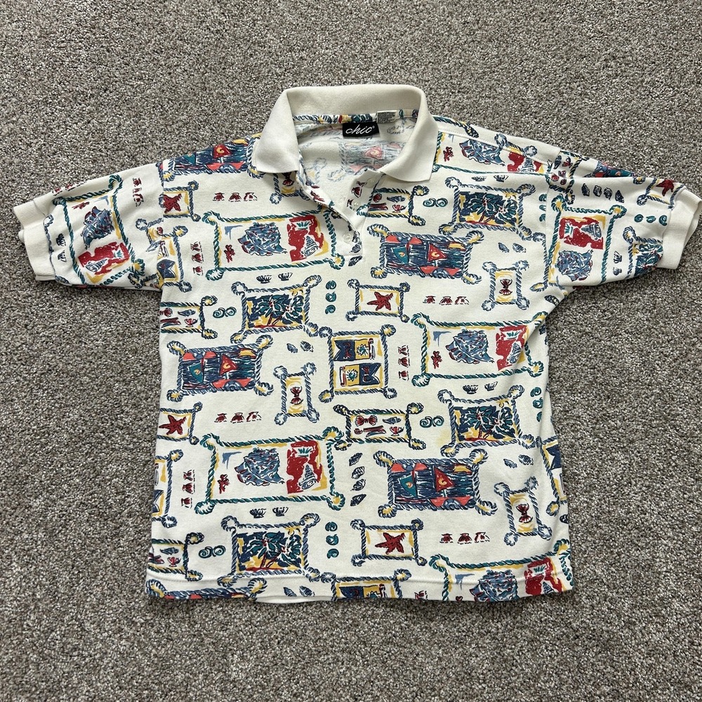 Vintage Chic Polo Shirt Womens S Multicolor Nautical Geometric Knit Top